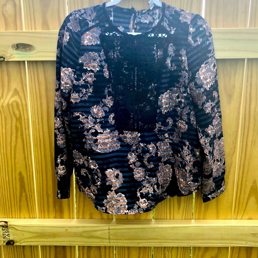 American Vintage Shirt Top Black Blue Stripe Floral Sz S